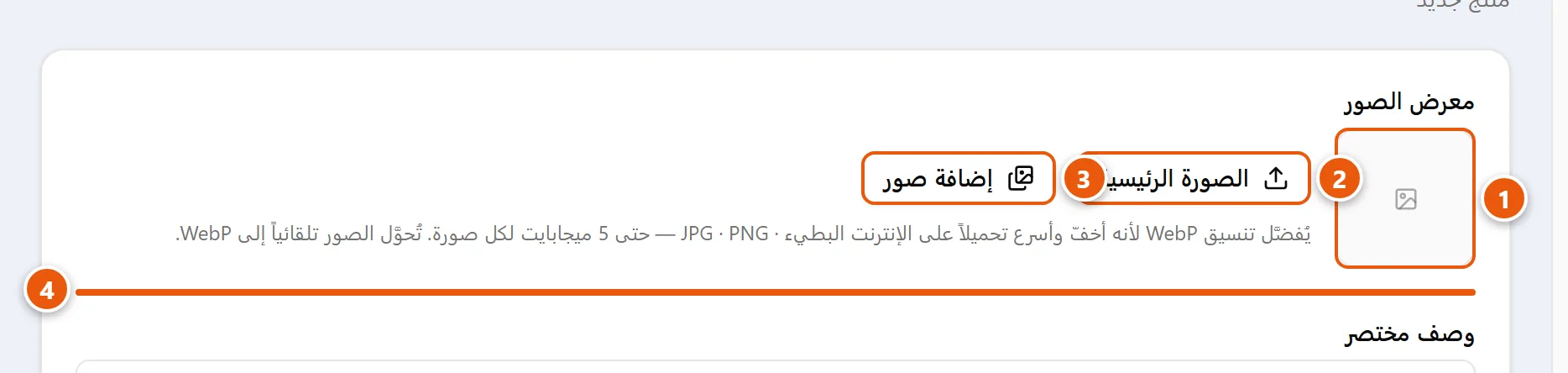حقل معرض الصور داخل تبويب البيانات العامة في صفحة تعديل المنتج، مع معاينة الصورة الرئيسية وزرّي الرفع وشبكة صور المعرض.